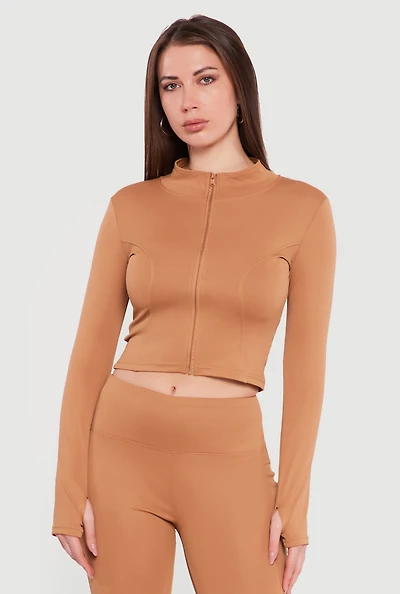 Cropped Mock Neck Zip Front Jacket with Thumb Holes