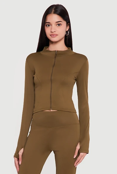 Cropped Mock Neck Zip Front Jacket with Thumb Holes