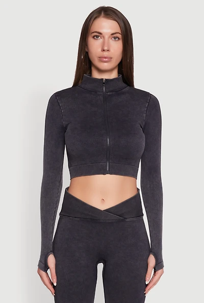 Womens Seamless Mineral Wash Crop Track Jacket, Grey, Size M