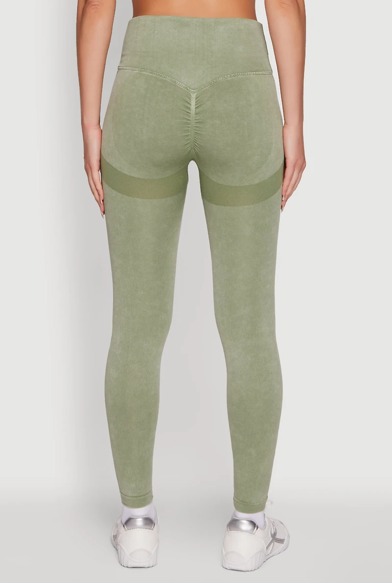 Womens Seamless Mineral Wash Ruched High Waisted Leggings, Green, Size L