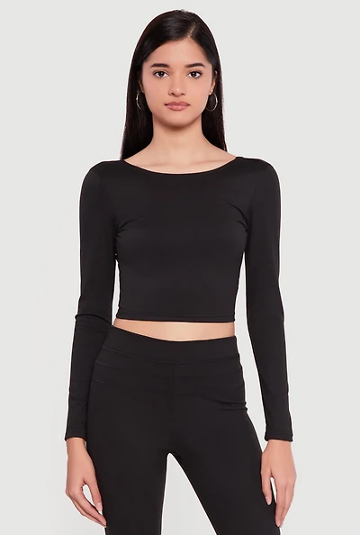 Long Sleeve Boat Neck Open Twist Back Crop Top