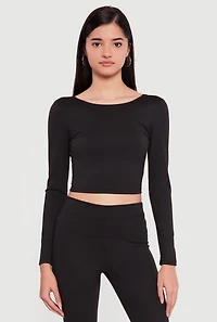 Long Sleeve Boat Neck Open Twist Back Crop Top