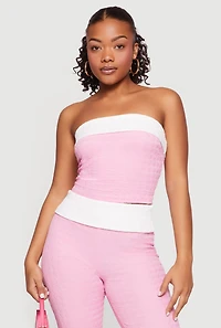 Textured Knit Contrast Trim Crop Tube Top