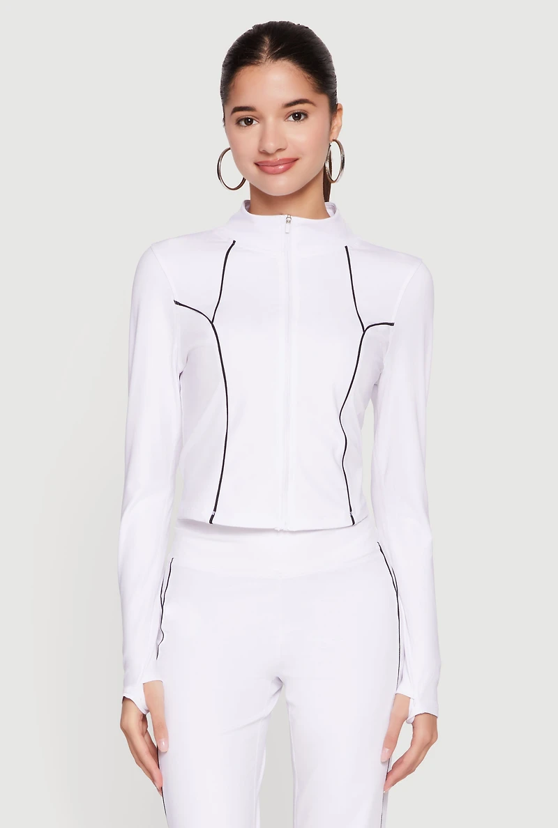 Contrast Piping Zip Front Active Jacket with Thumb Holes