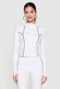 Contrast Piping Zip Front Active Jacket with Thumb Holes