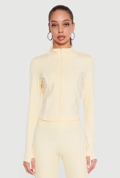 Contrast Piping Zip Front Active Jacket with Thumb Holes