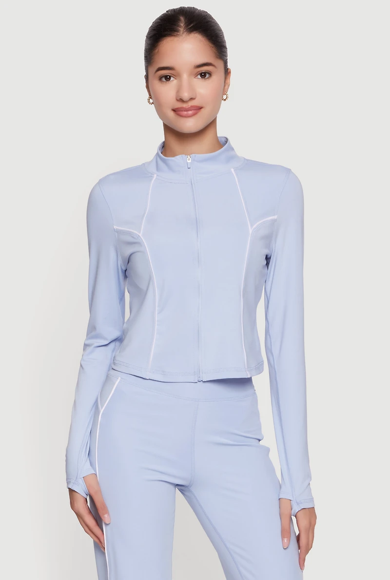 Contrast Piping Zip Front Active Jacket with Thumb Holes