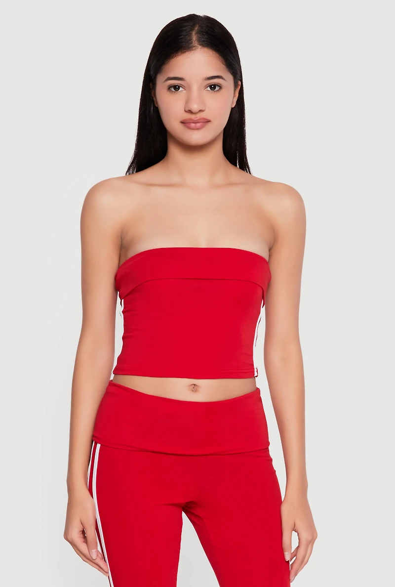 Fold Over Tube Top with Varsity Stripe Detail