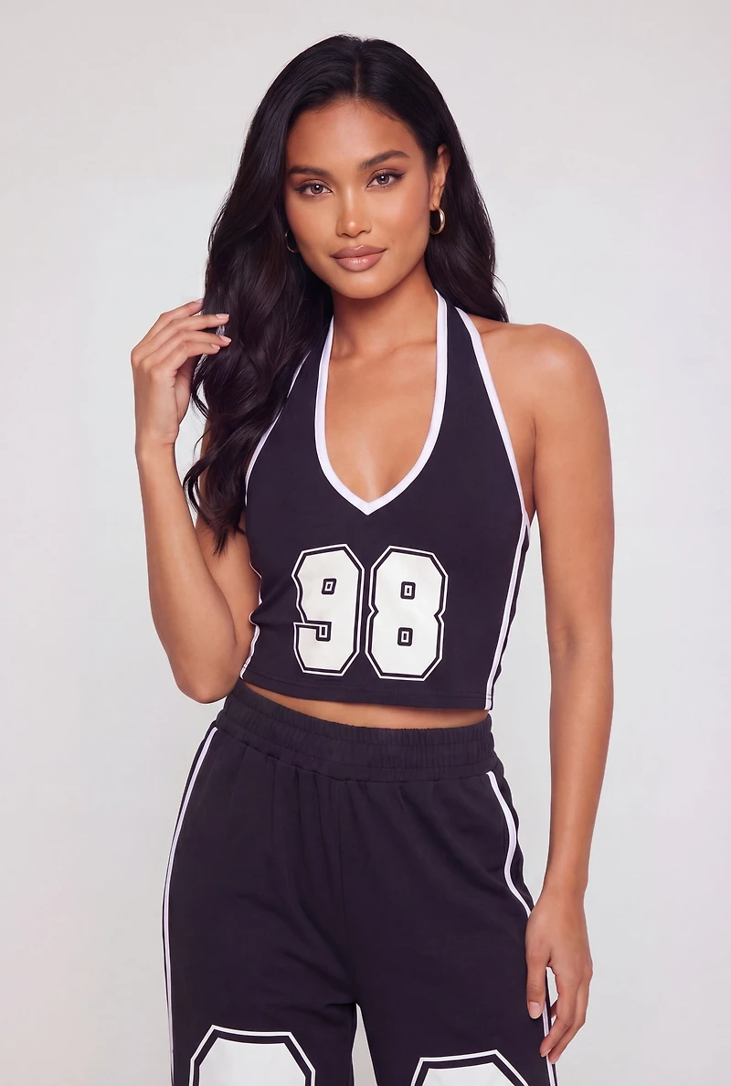 Varsity Stripe Number Graphic Halter Crop Top