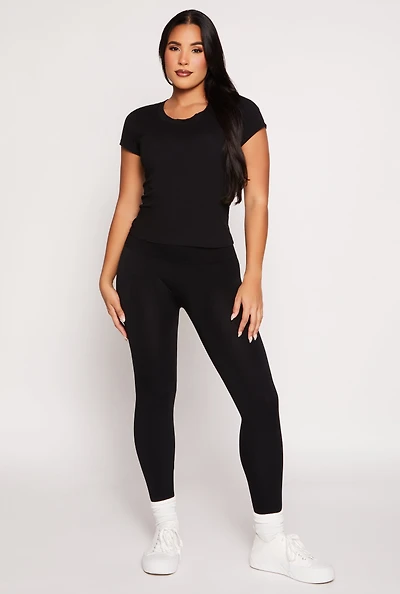 Womens Waffle Knit Waist Fleece Lined Leggings, Black, Size S-M