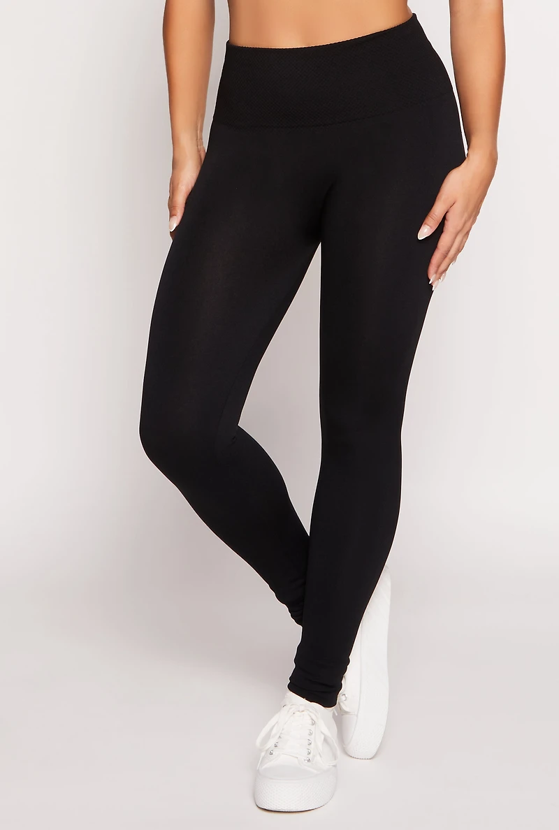 Womens Waffle Knit Waist Fleece Lined Leggings, Black, Size L-XL