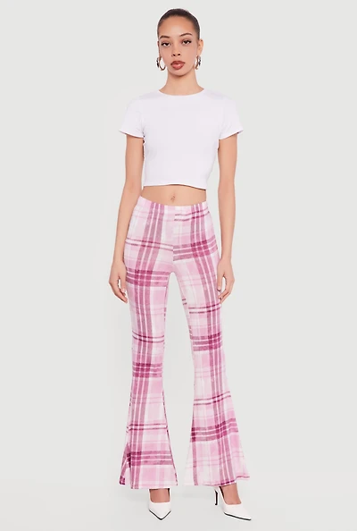 Plaid Pull On Flare Pants