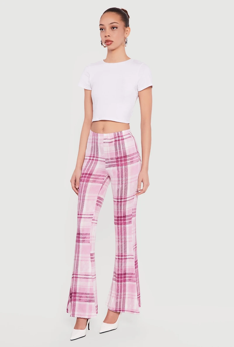 Plaid Pull On Flare Pants