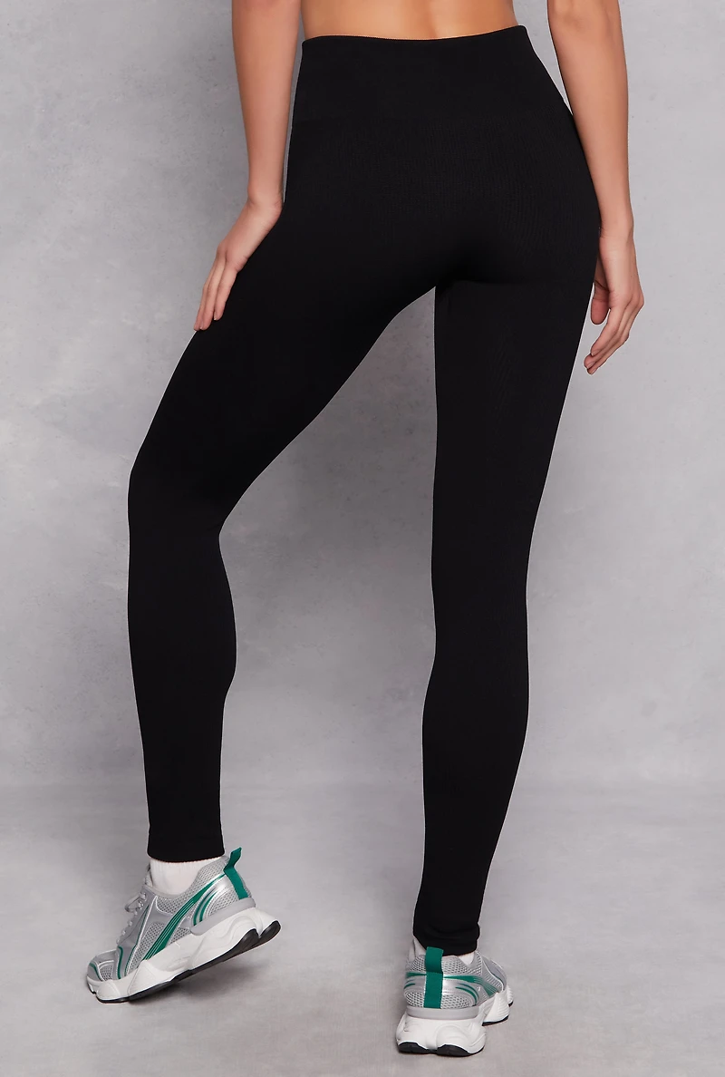 Womens Seamless Fleece Ribbed Knit Leggings, Black, Size S-M