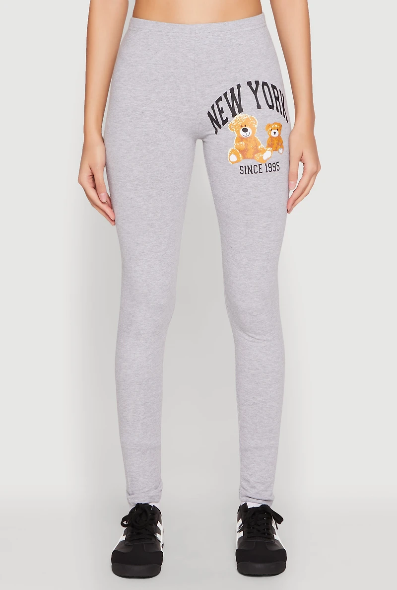 Womens New York Since 1995 Bear Graphic Leggings, Grey, Size M
