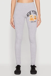 Womens New York Since 1995 Bear Graphic Leggings, Grey, Size M