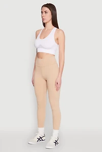 Womens High Waist Cropped Pocket Leggings, Khaki, Size M