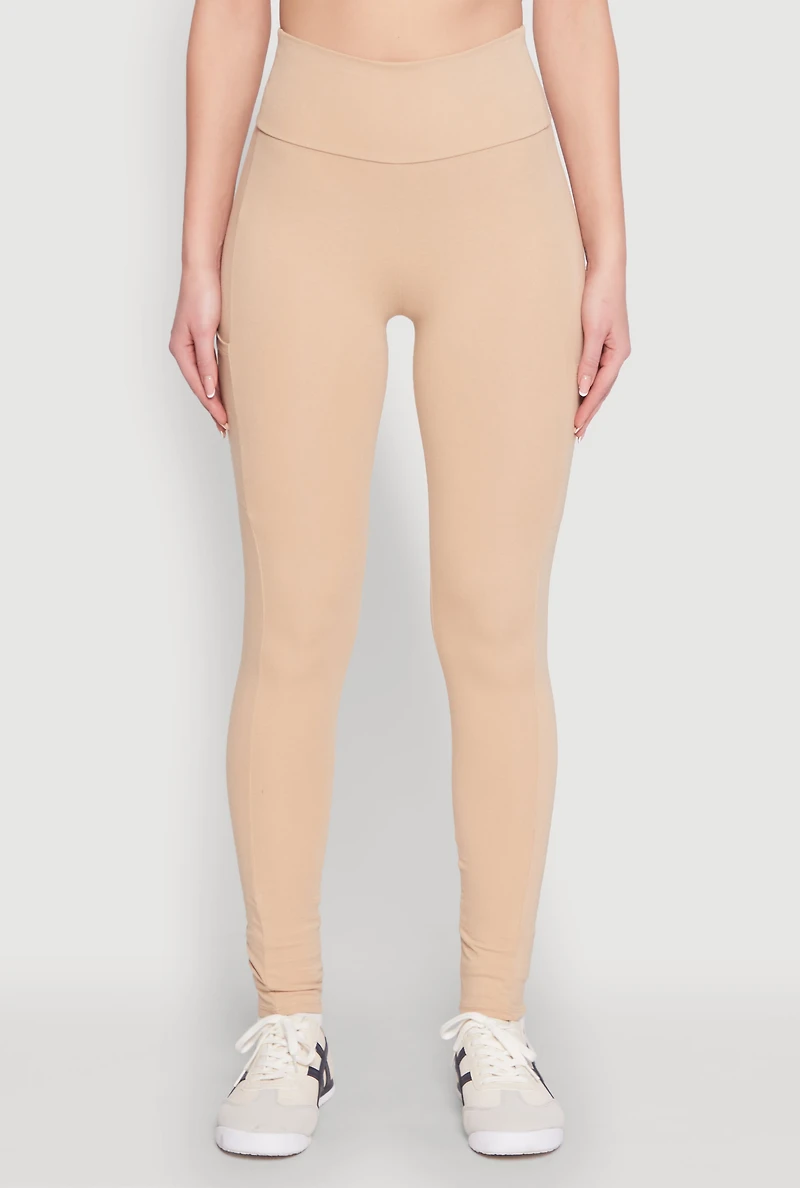 Womens High Waist Cropped Pocket Leggings, Khaki, Size M
