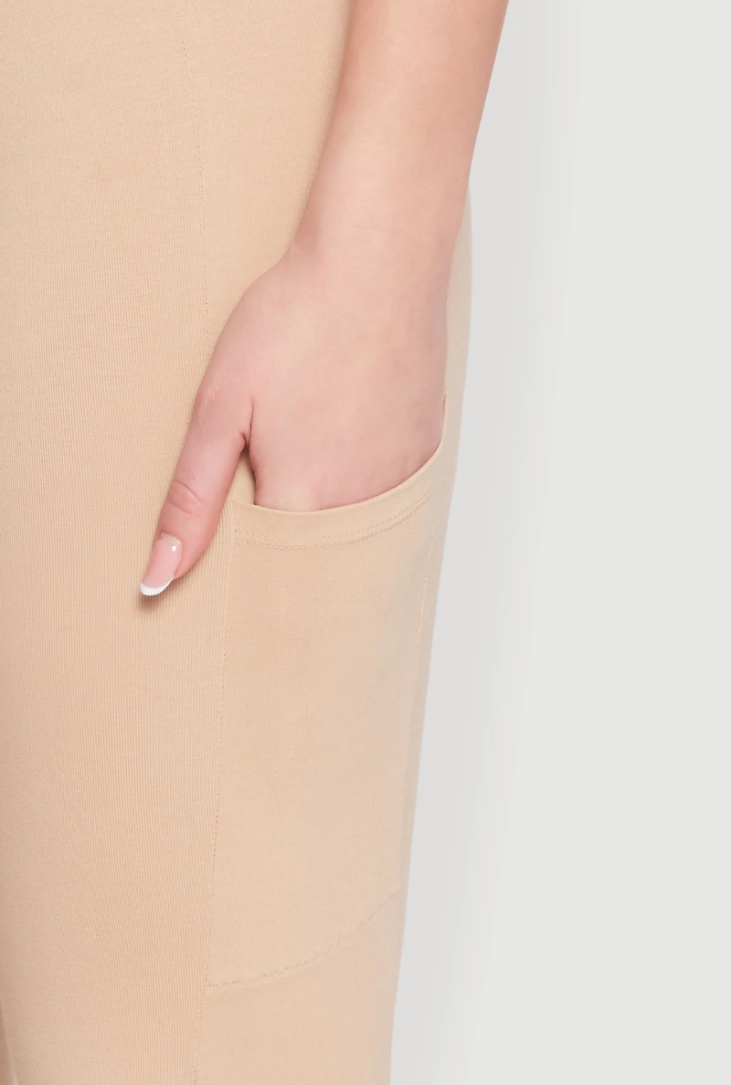 Womens High Waist Cropped Pocket Leggings, Khaki, Size M