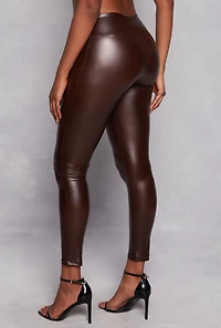Womens High Waist Faux Leather Leggings, Brown,