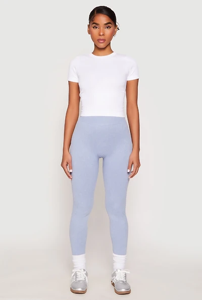 Womens Seamless Acid Wash High Waisted Leggings, Blue, Size L-XL