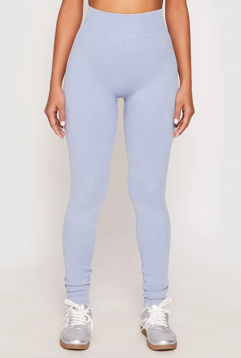 Womens Seamless Acid Wash High Waisted Leggings, Blue, Size S-M
