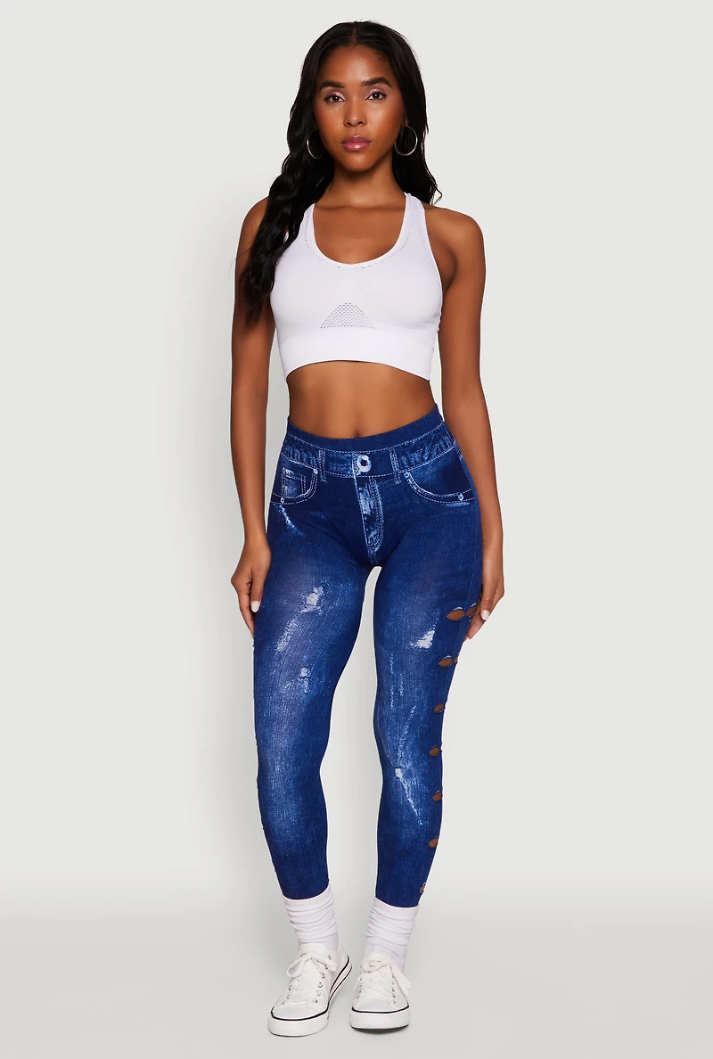 Laser Cut Distressed Denim Print Leggings