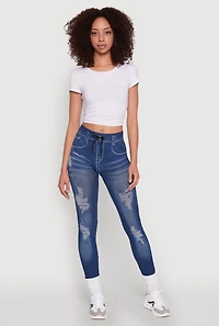 Distressed Whiskered Denim Print Leggings