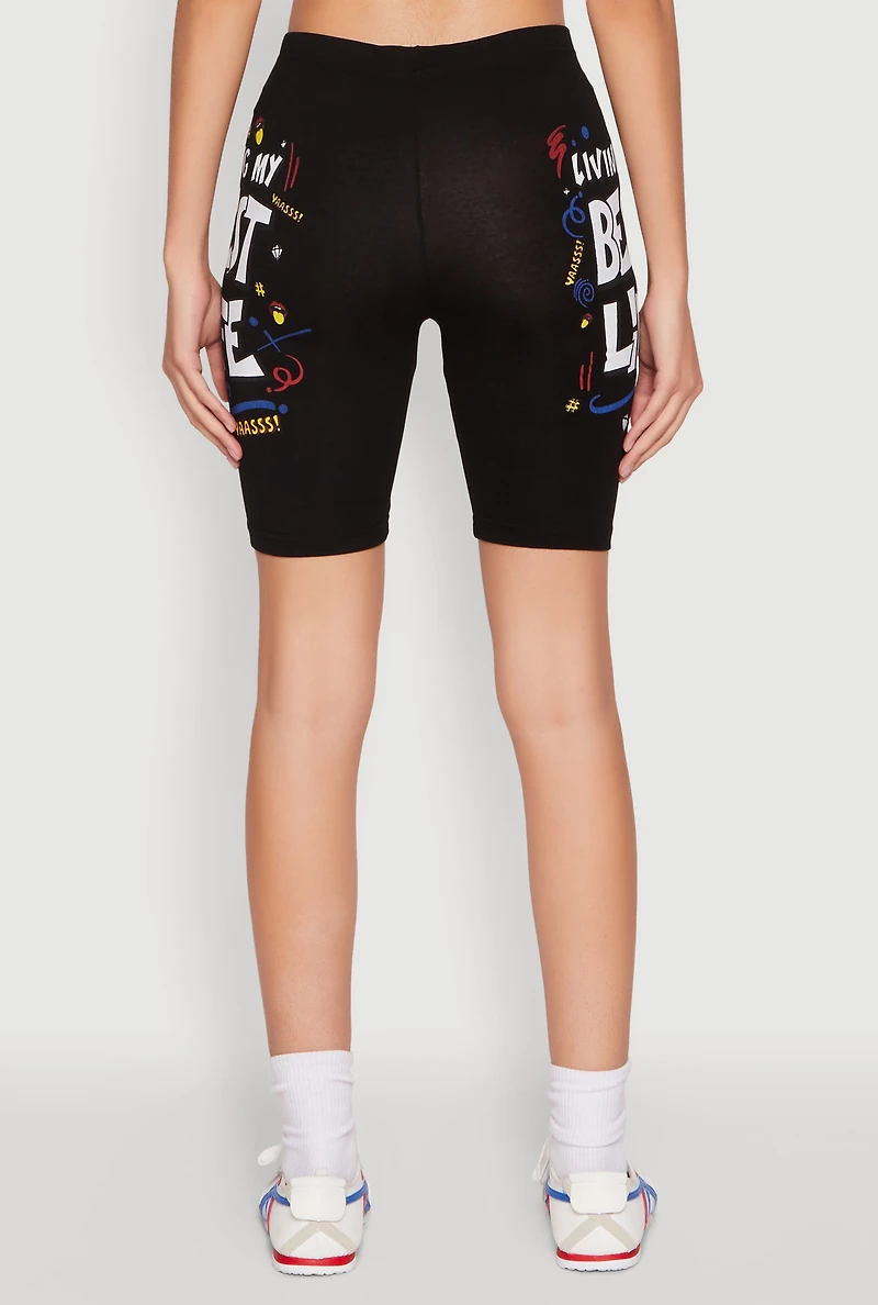 Womens Living My Best Life Graphic Print Biker Shorts, XL