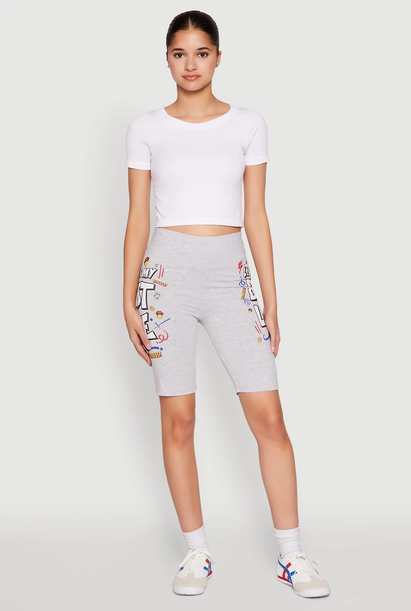 Womens Living My Best Life Graphic Print Biker Shorts, Grey, Size M
