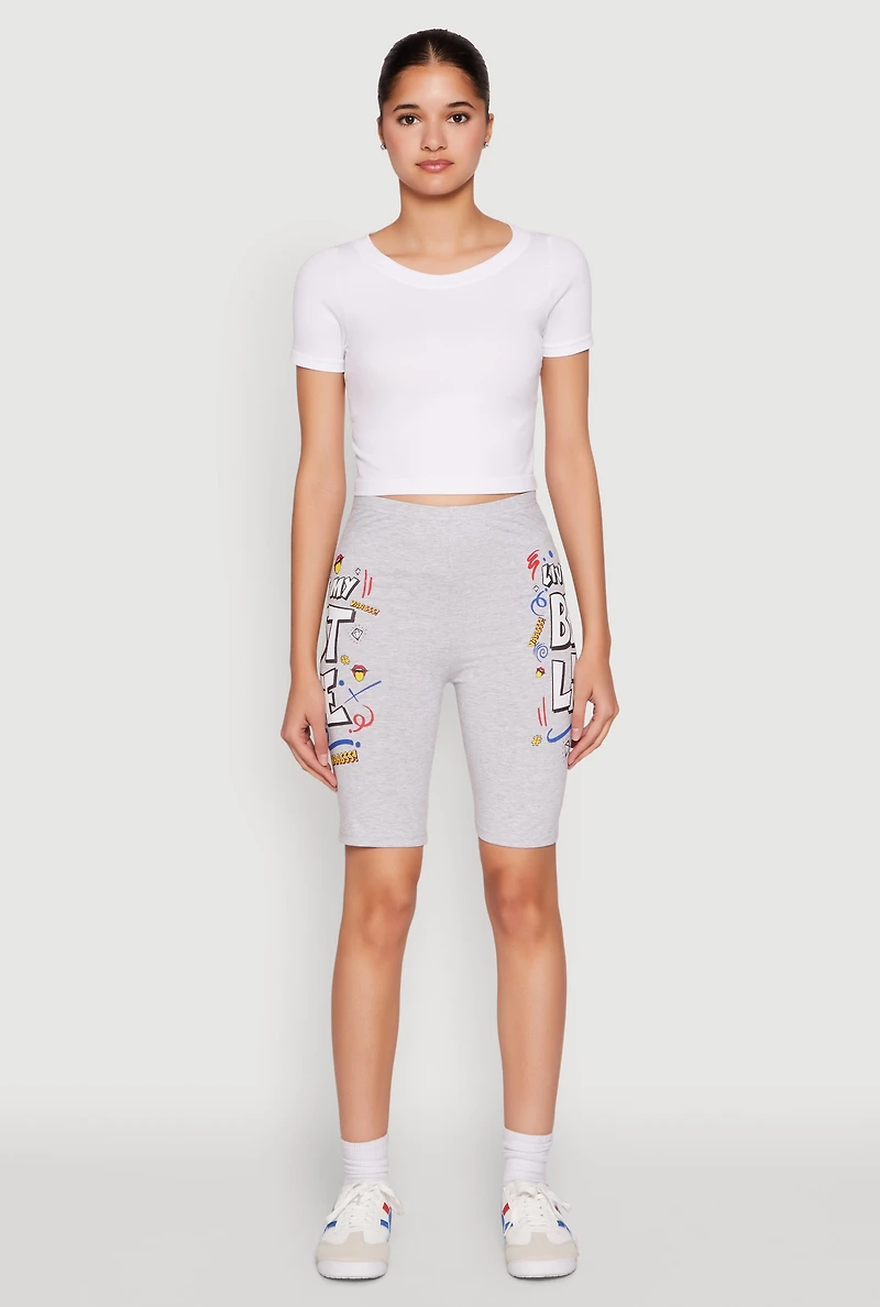 Womens Living My Best Life Graphic Print Biker Shorts, Grey, Size M
