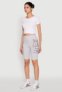 Womens Living My Best Life Graphic Print Biker Shorts, Grey, Size M