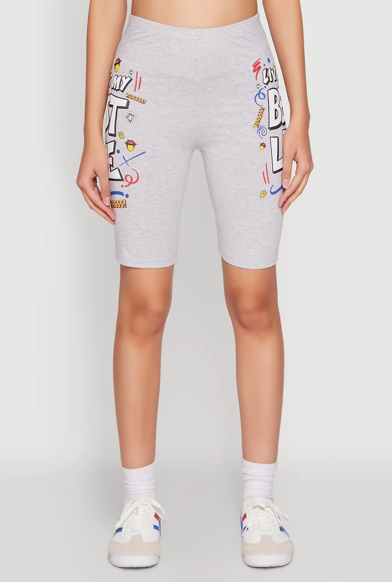 Womens Living My Best Life Graphic Print Biker Shorts, Grey, Size M