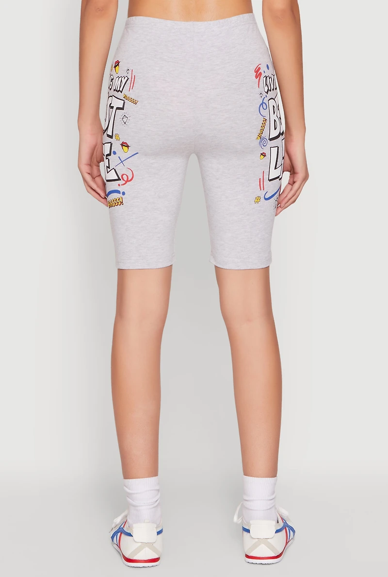 Womens Living My Best Life Graphic Print Biker Shorts, Grey, Size M