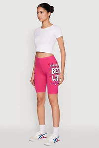Womens Living My Best Life Graphic Print Biker Shorts, Pink, Size M