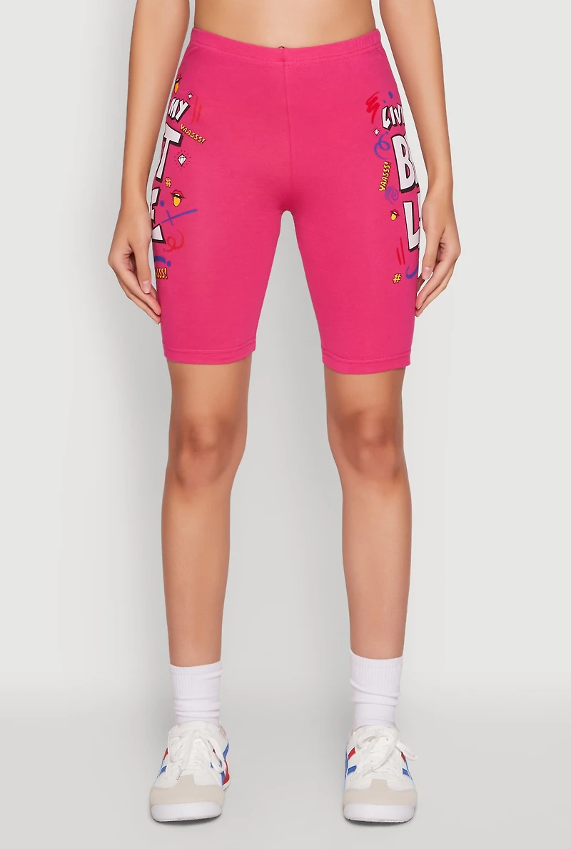 Womens Living My Best Life Graphic Print Biker Shorts, Pink, Size M