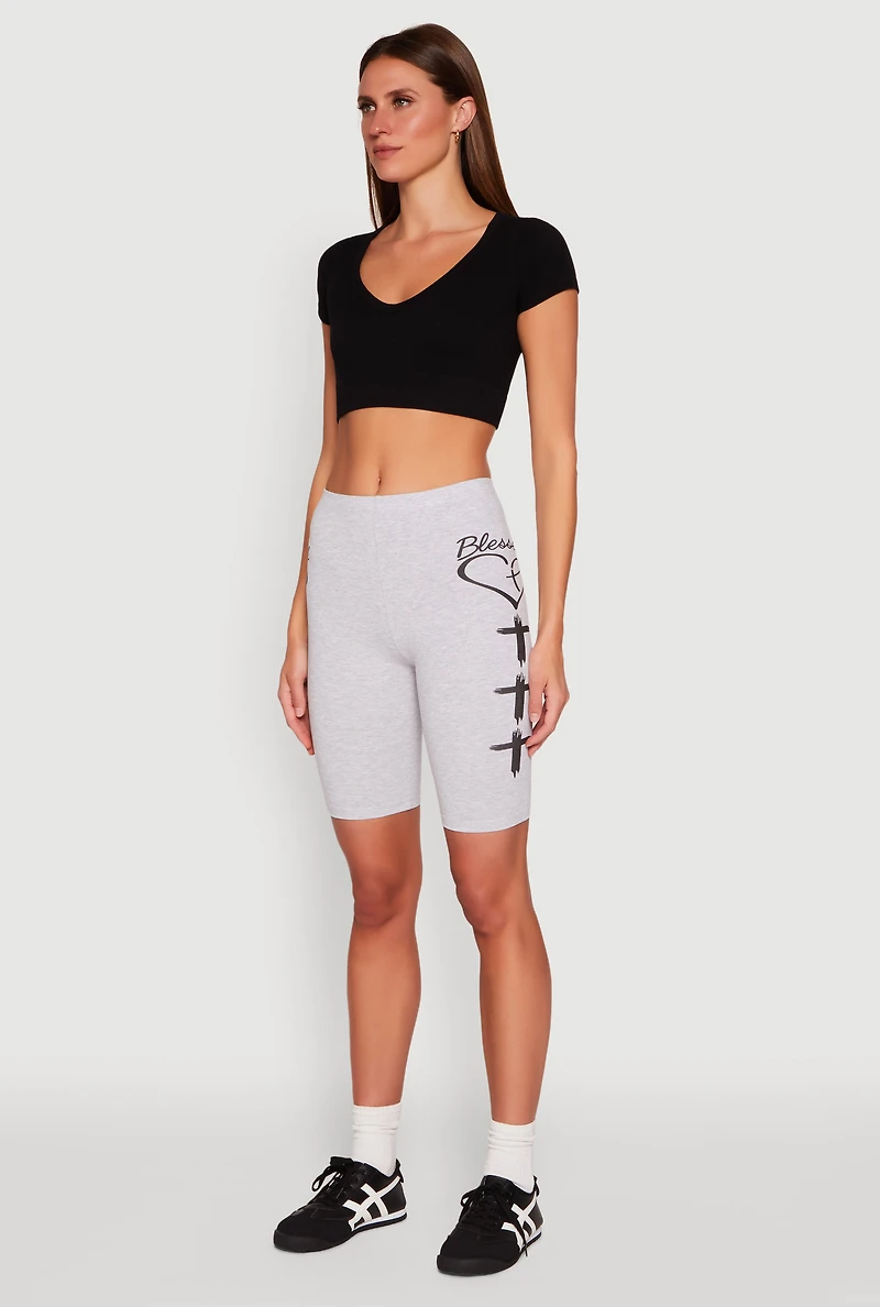 Womens Blessed Graphic Biker Shorts, Grey, Size XL