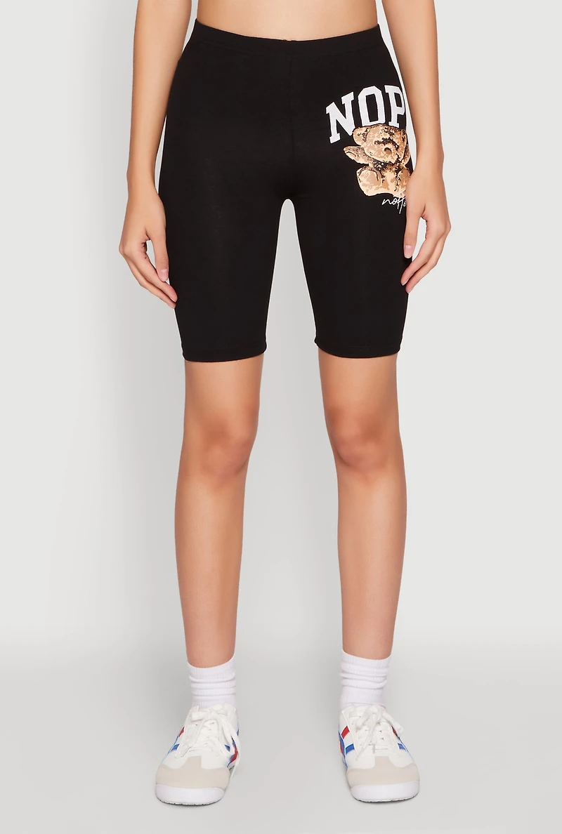 Womens Nope Not Today Bear Graphic Biker Shorts, Black, Size M
