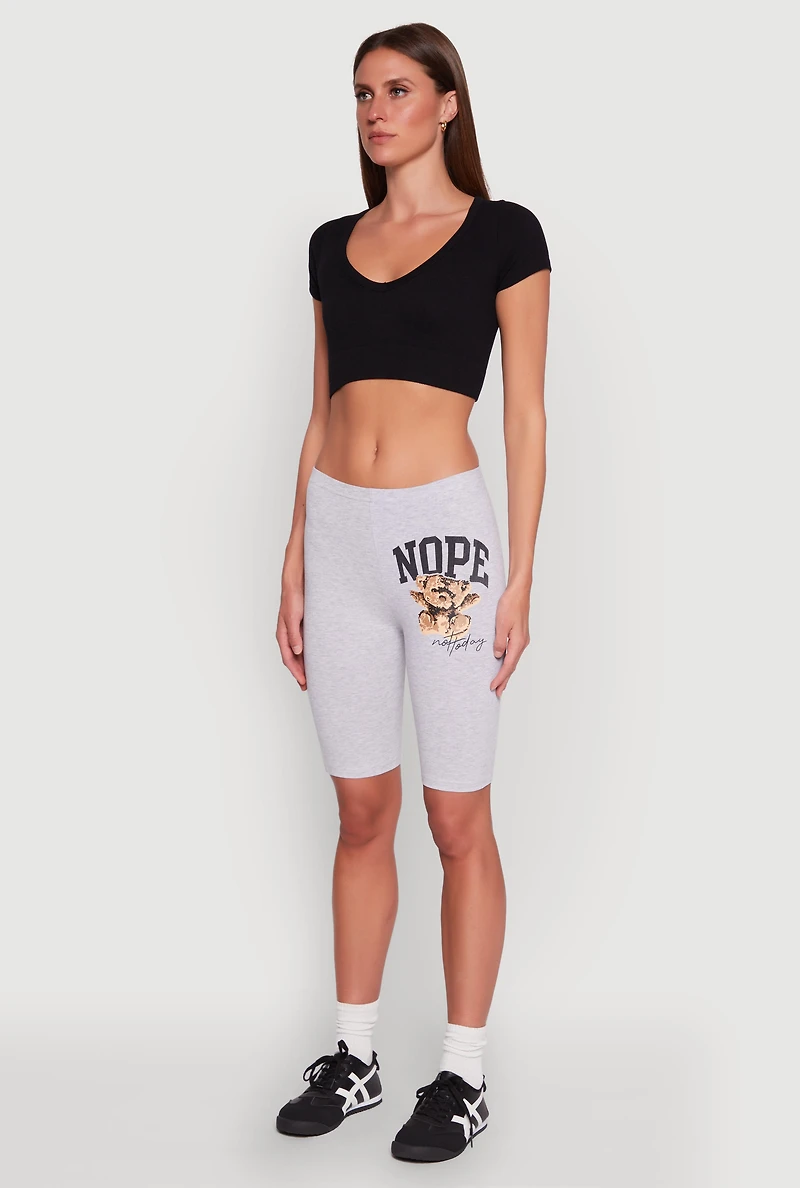 Womens Nope Not Today Bear Graphic Biker Shorts, Grey, Size M