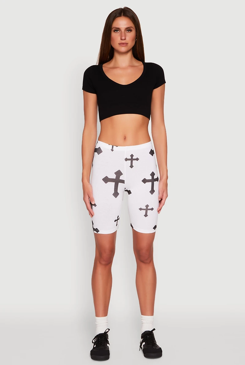 Womens Cross Graphic Biker Shorts, White, Size XL