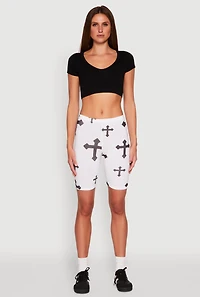 Womens Cross Graphic Biker Shorts, White,