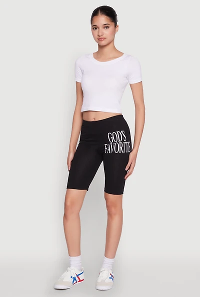 Womens Gods Favorite Graphic Biker Shorts, Black, Size M