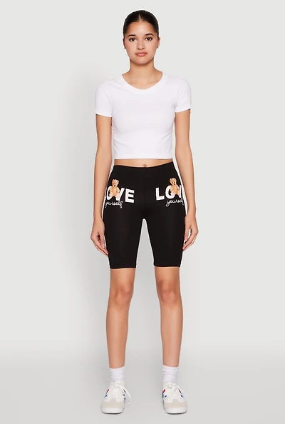 Womens Love Yourself Teddy Bear Biker Shorts, Black, Size M