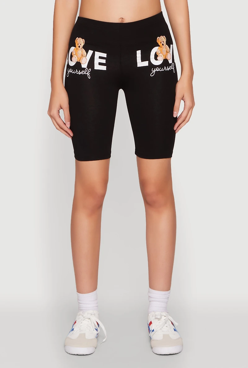 Womens Love Yourself Teddy Bear Biker Shorts, Black, Size XL