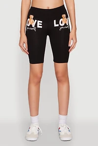 Womens Love Yourself Teddy Bear Biker Shorts, Black, Size XL