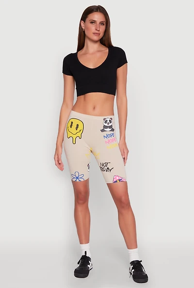 Womens Nope Graphic Biker Shorts, Khaki,