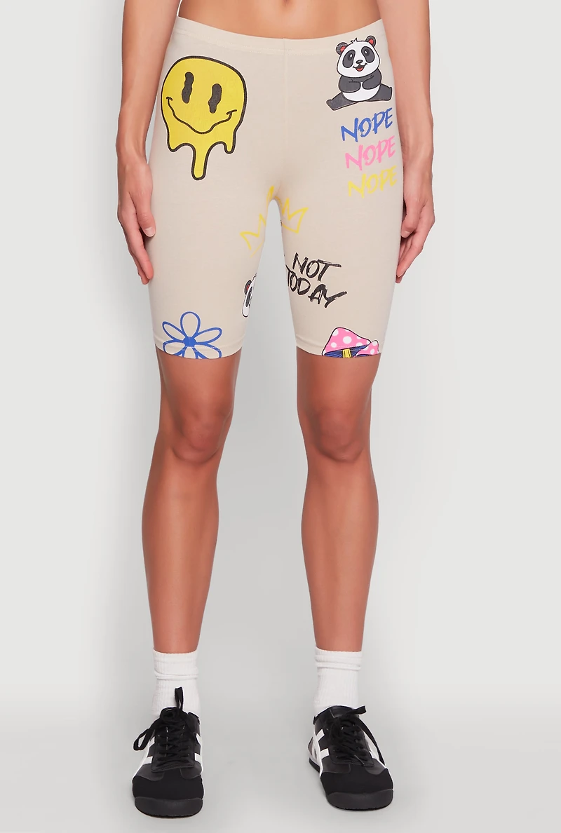 Womens Nope Graphic Biker Shorts, Khaki, Size S