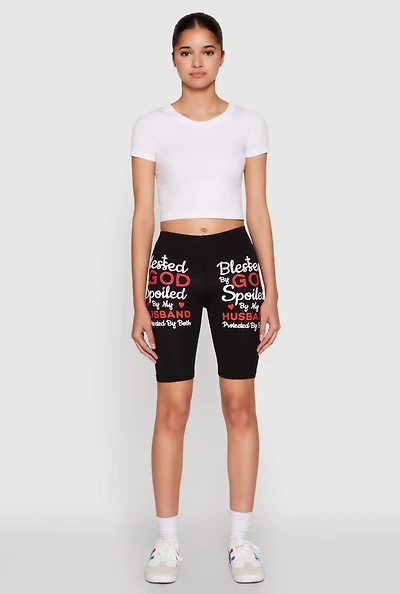 Womens Blessed By God Graphic Biker Shorts, Black, Size M