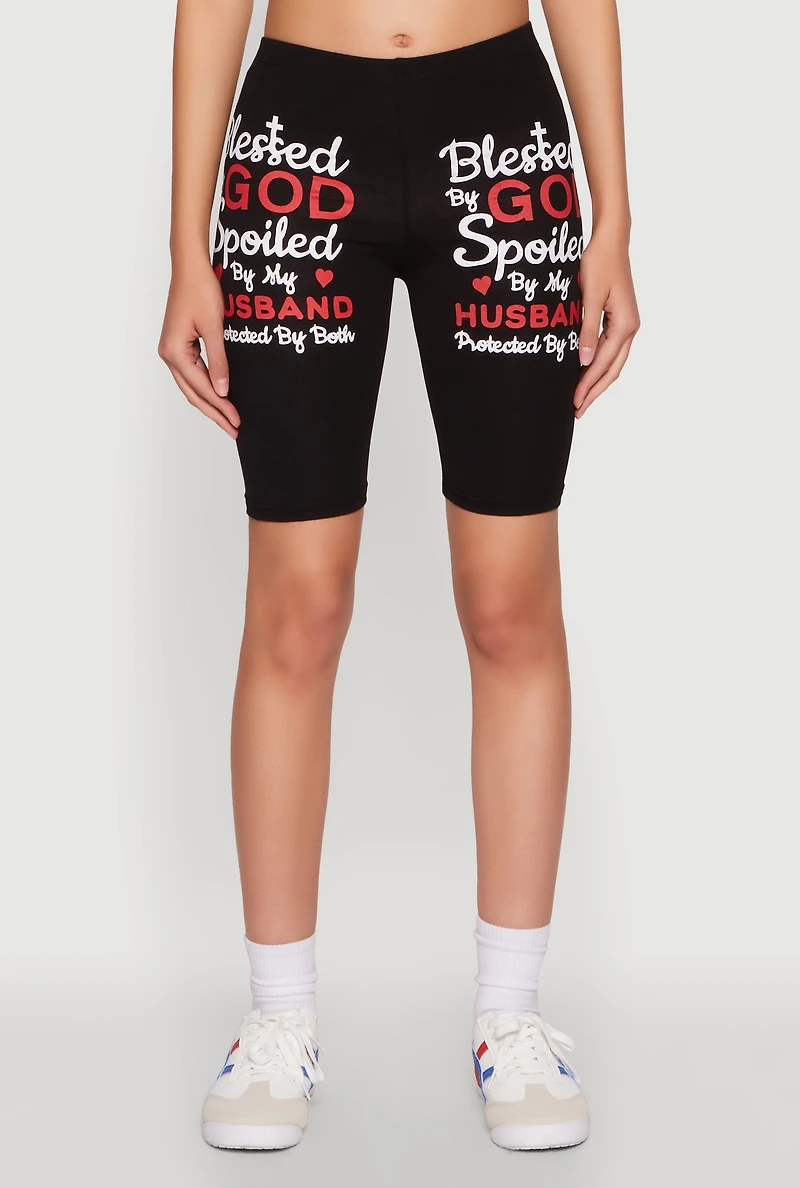 Womens Blessed By God Graphic Biker Shorts,