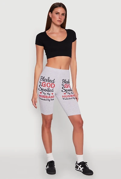 Womens Blessed By God Graphic Biker Shorts, Grey, Size L